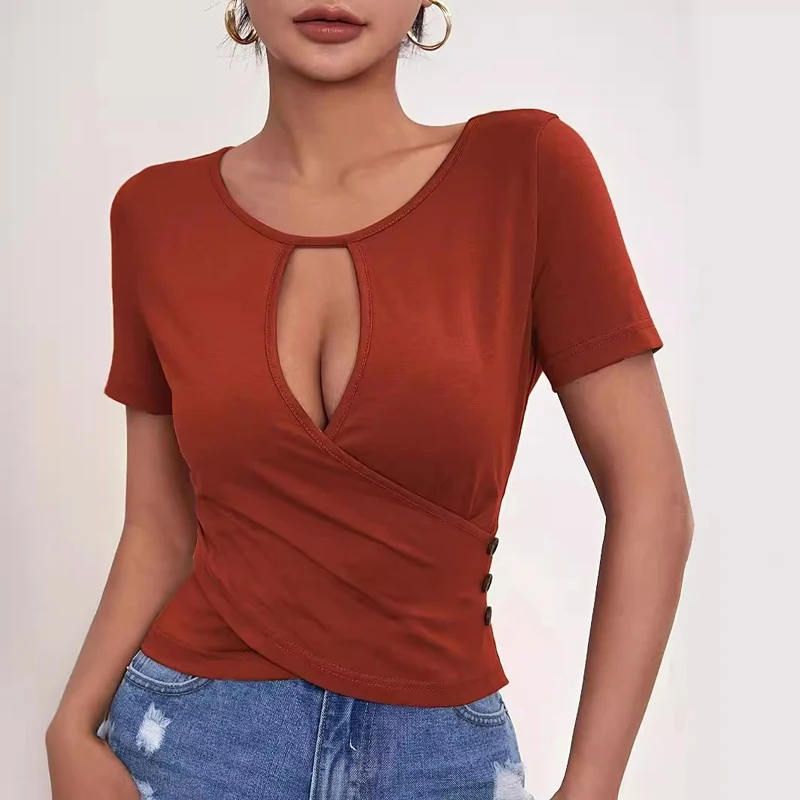 Summer Women's Sexy Hollow T-shirt Solid Color Round Neck Slim Short Sleeve Tee Fashion Trend Street Party T Shirt Top