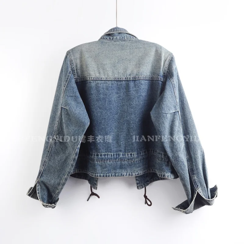 Autumn Women Blue Short Denim Jacket Loose Big Pocket Drawstring Waist Hem Stand Collar Single-Breasted Long Sleeve Jeans Jacket