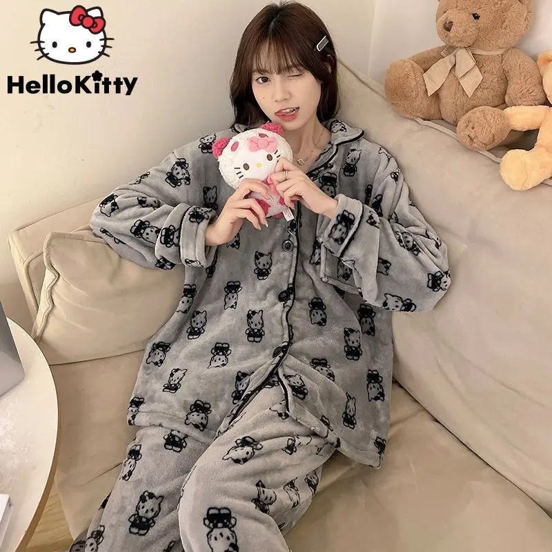 Sanrio Hello Kitty Korean Version Fashion Sleepwear Women\'s Autumn Winter New Coral Fleece Home Suit Y2k Girl Thickened Pajamas