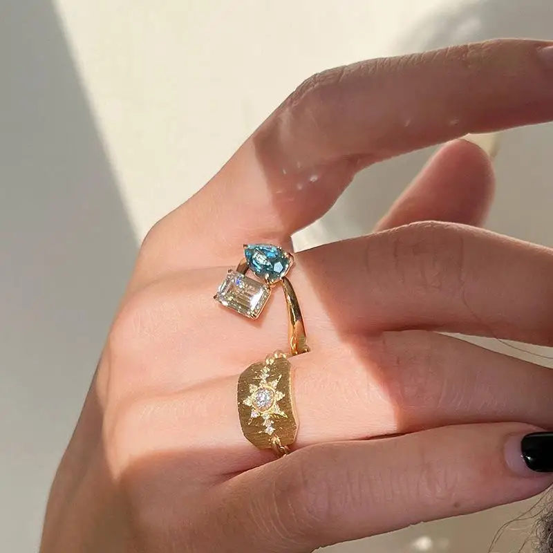 Fresh Classic Sea Blue Gemstone Water Drop Rings for Women Fashion Light Luxury Square Ring Opening Adjustable Wedding Jewelry - view 6