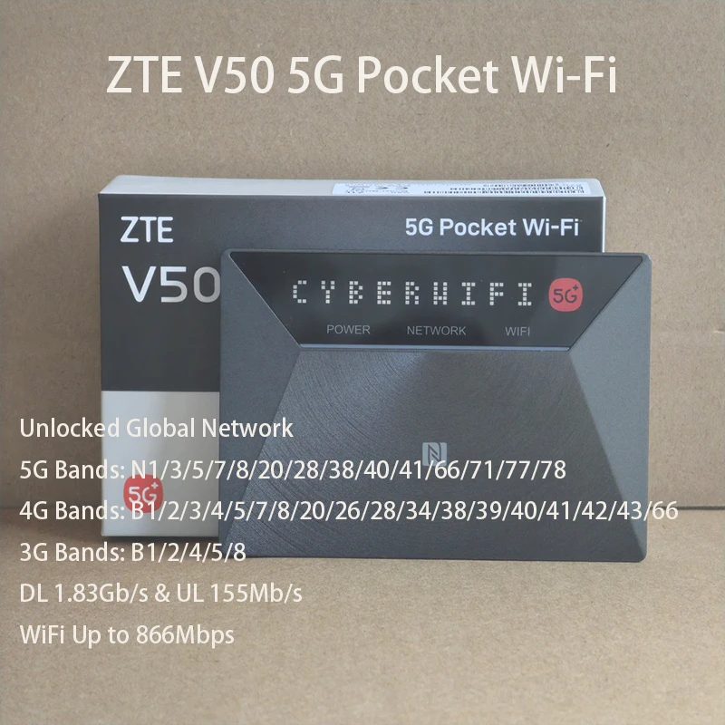 ZTE 5G Mobile WiFi V50 MU3351 Dual Bands 2.4/5GHz AC1200 MiFi Hotspot 5G NSA+SA 4G LTE CAT13 Pocket Router (No Battery)