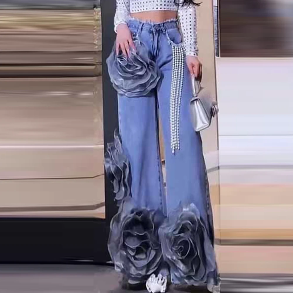 

Design loose jeans retro summer new high waist hollow three-dimensional thin wide legs flowers mopping the floor