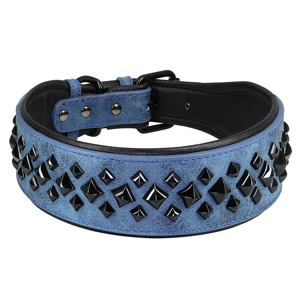 Real Leather Dog Collar Spike Big Dog Collars Durable Padded Pet Training Necklace Collars For Medium Large Dogs French Bulldog