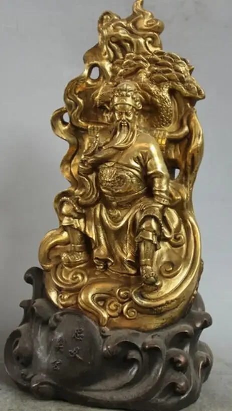 16 Chinese Bronze Gild Seat Dragon General Guan Gong Yu Warrior God Statue