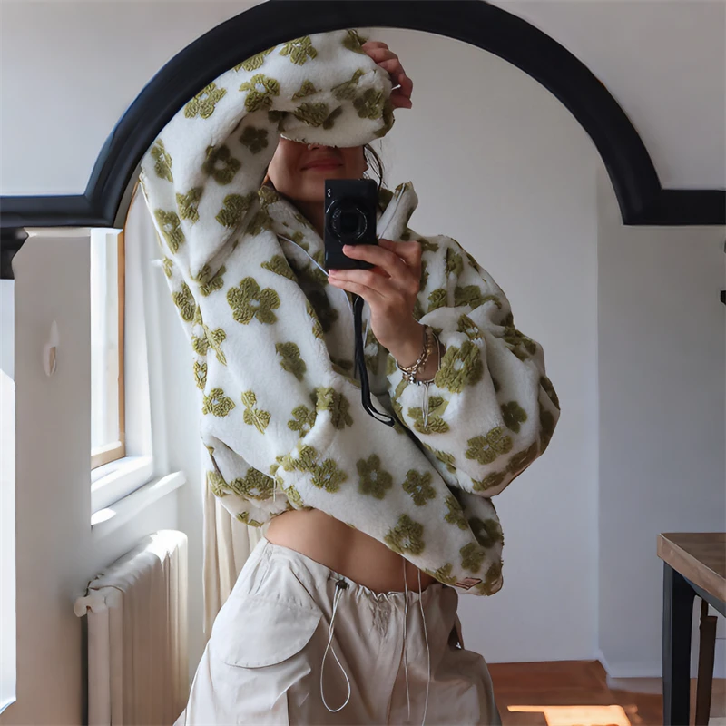 Ticketsx Floral Print Imitation Lamb Wool Hoodie Women's Full Sleeve Zip Pocket Loose Top Lady Autumn Chic Casual Holiday Coat