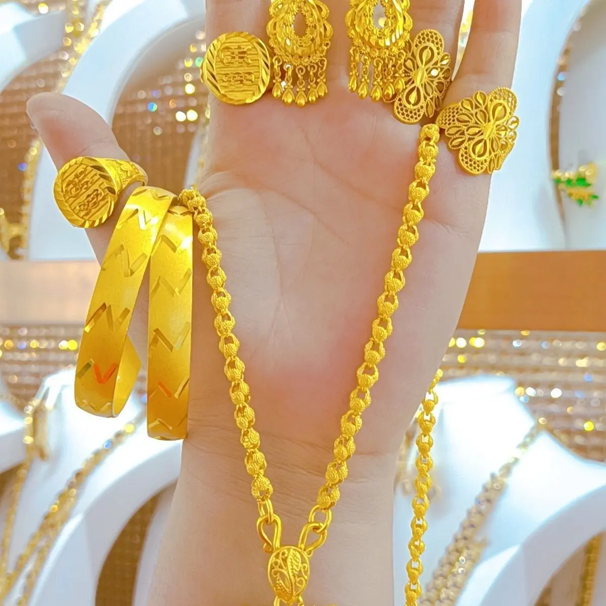 Popodion Women's Jewelry New 14K Gold Plated Dubai Jewelry Necklace Bracelet Ring Women's Earring Set Jewelry YY10312 - view 5