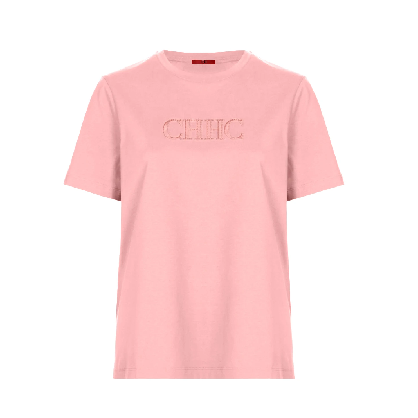 CH Women Pink Embroidery Letter T-Shirt Short Sleeve Crew Neck Casual Cotton Tee Daily Wear Office Top