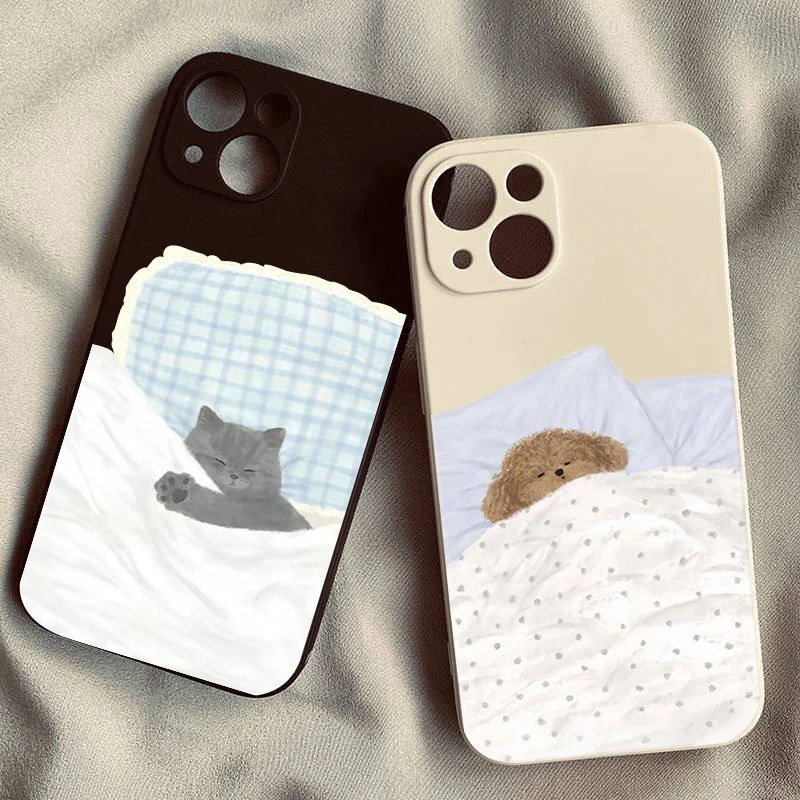 Cartoon Sleep Dog Cat Couple Phone Case for IPhone 16 14 15 Pro Max 13 11 12Mini XR 7 8Plus Funny Animal Shell soft Silcon Cover