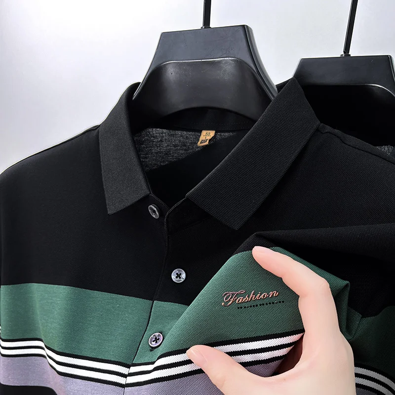 High end silk cotton short sleeve POLO shirt men's 2024 summer fashion stripe contrasting embroidery casual business T-shirt