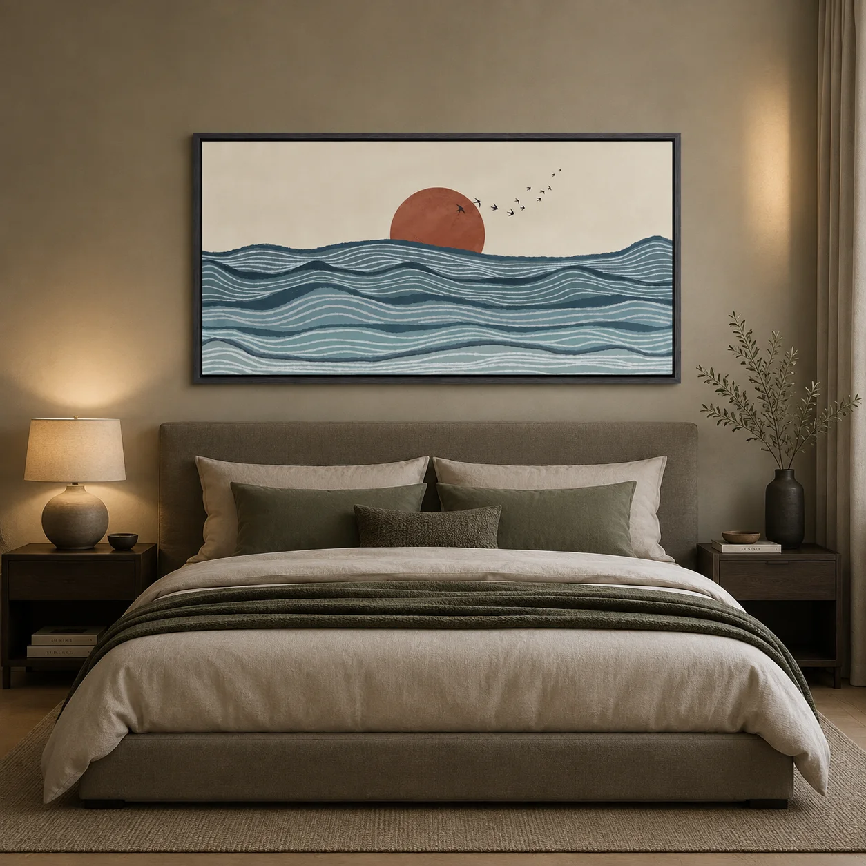 Boho Abstract Sea Wave Canvas Print, Large Horizontal Terracotta Sunset Flying Birds Artwork, Modern Minimalist Room Wall Decor