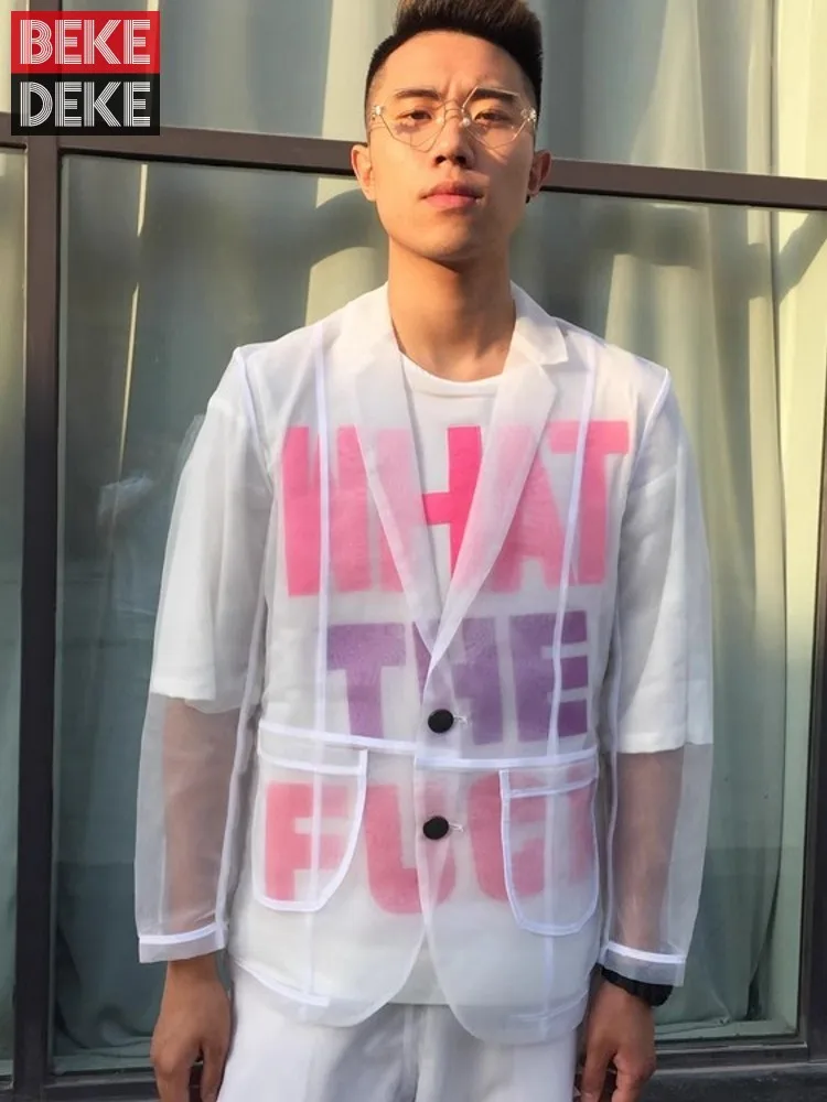 New Mens Summer See Through Fashion Sunscreen Blazers Pocket Suit Collar Two Single Breasted Buckles Personality Blazer Hot Sale