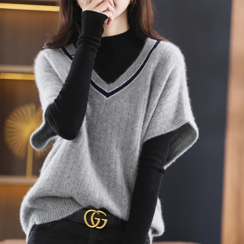 Korean Fashion Casual Temperament V-neck Vest Women Color Blocking Spring New Bat Sleeves Loose Versatile Wool Knit Shoulder Top