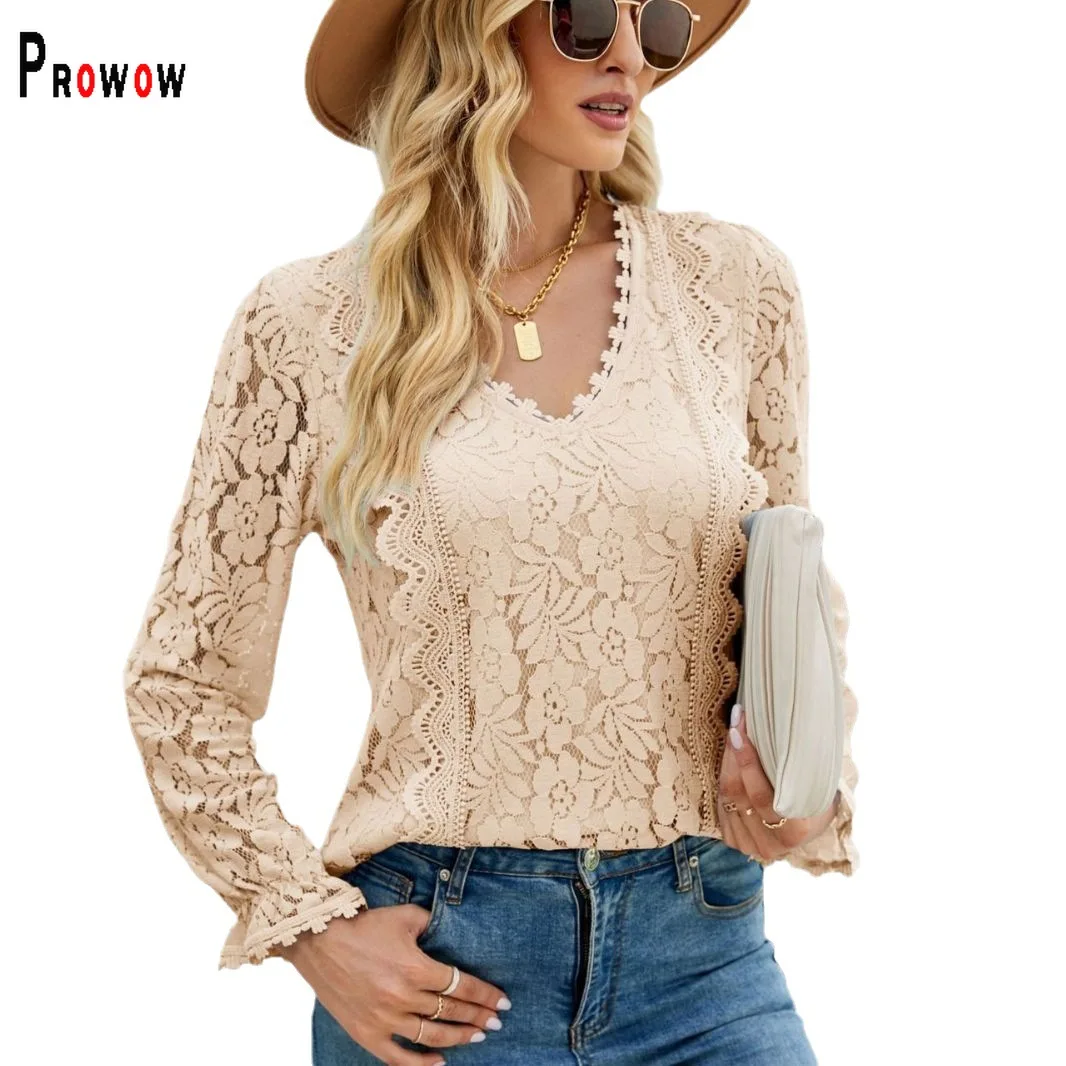 Prowow Elegant Lace Women Shirts V-neck Long Sleeve Female Tops Clothes Hollow Flower Blue Solid Color Slim Fit Blouse