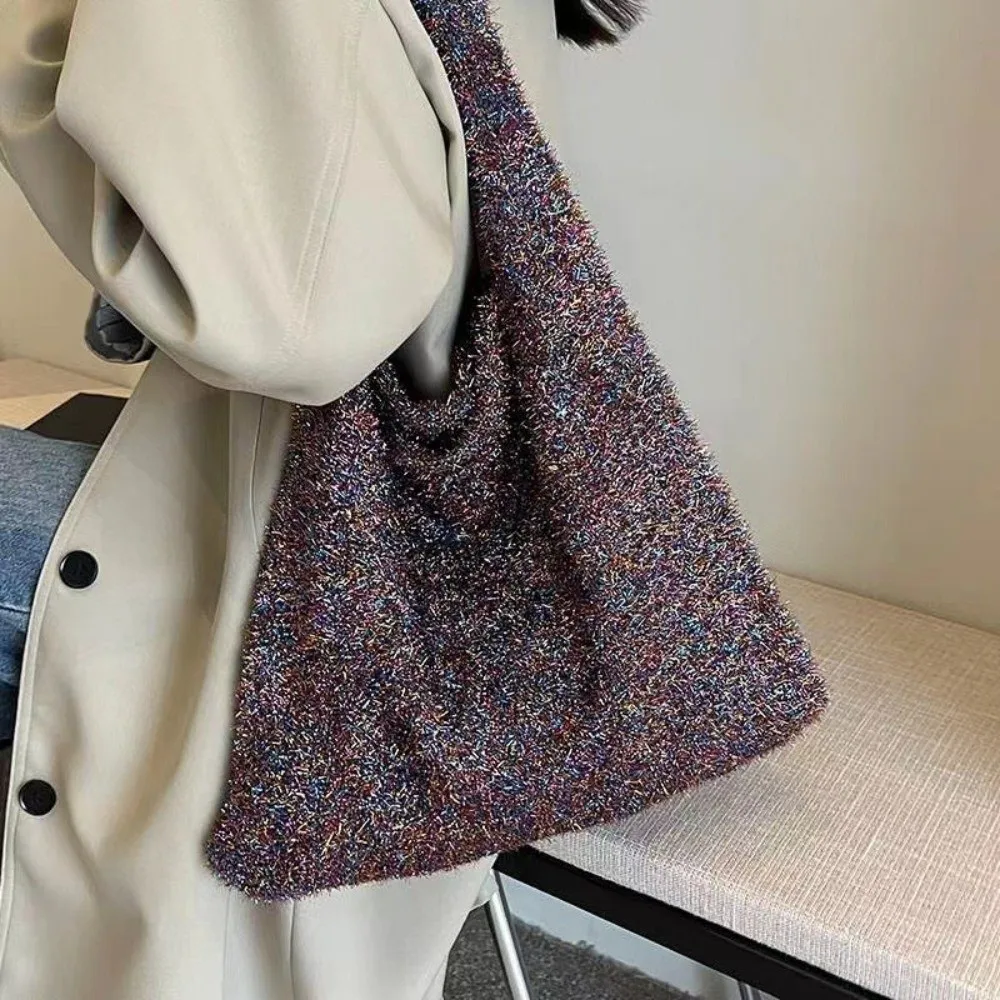Fashion Knitted Underarm Bag BlingBling Single Shoulder Shoulder Bag Solid Color Large Capacity Women's Bag Women
