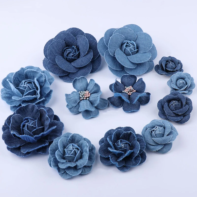 5Pcs/Lot Denim Flower Artificial Flower Small Camellia Wedding Decoration Diy Scrapbooking Headdress Craft Garment Decor Acces