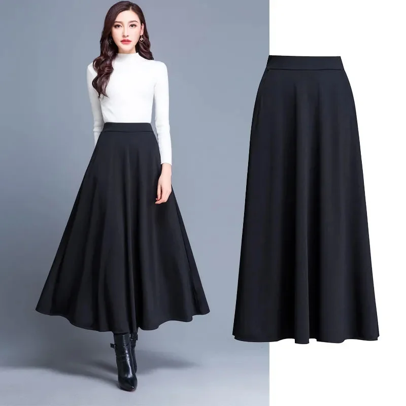 Spring Autumn Large Size A-Line Skirts Women Elastic High Waist Wine Red Black Long Skirt Female Casual Solid Color Maxi Skirts