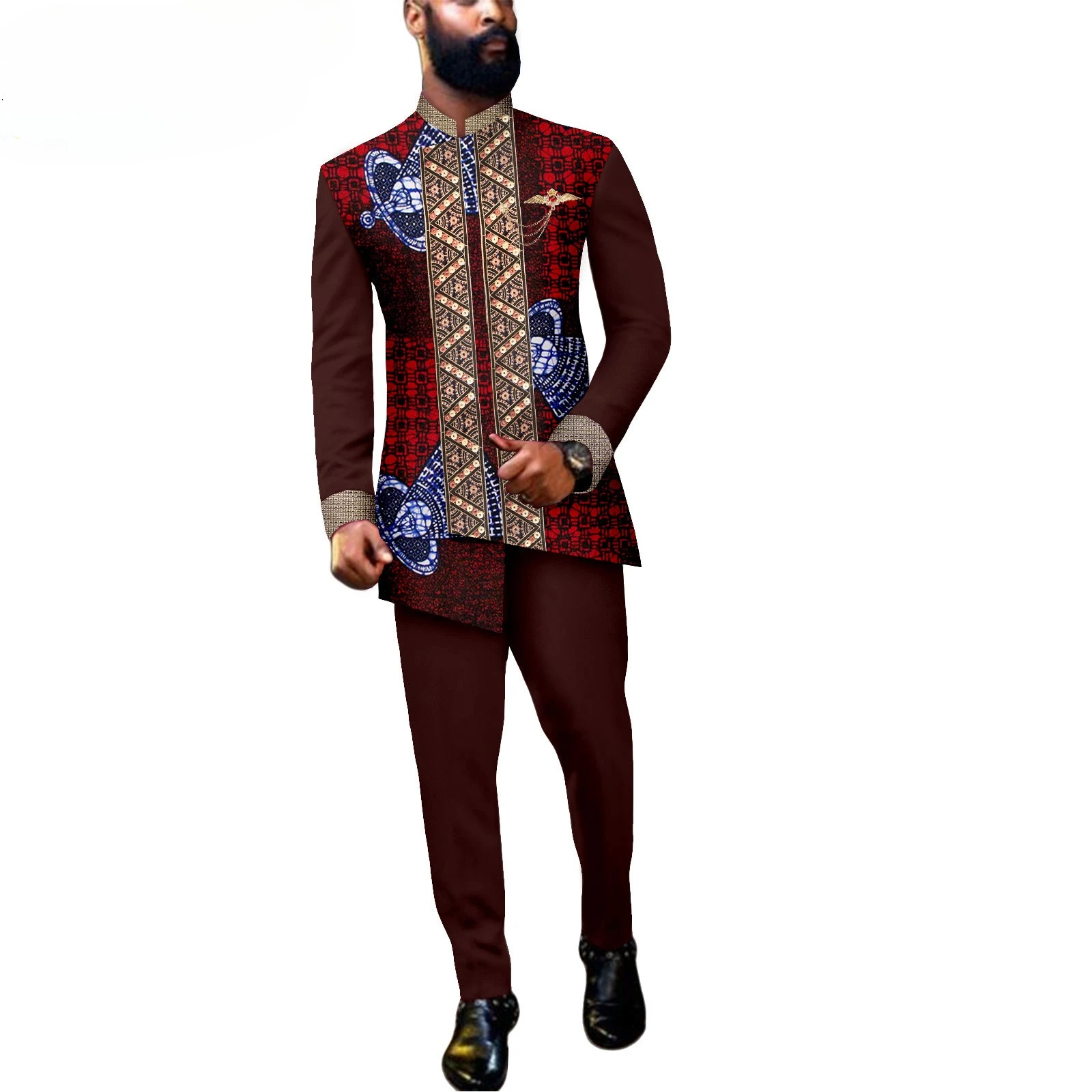 

Мужской деловой приталенный двубортный длинный смокинг с принтом и брюки, комплект из 2 предметов, африканская одежда для свадьбы, мужская одежда