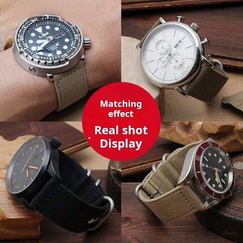 สายนาฬิกาข้อมือผ้าใบไนลอนแบบปลดออกได้อย่างรวดเร็วสำหรับผู้ชาย18 20มม. 22มม. 24มม. สีดำสีกากีสีเขียวอุปกรณ์เสริมสายนาฬิกาสำหรับกีฬากลางแจ้ง