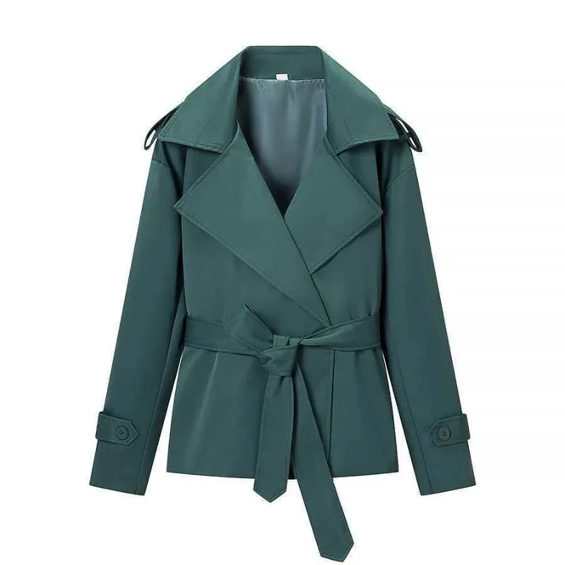 2026 Trench Best-selling Cross-border European and American Style Women's Solid-color Belted Short Jacket Trench Coat Fashion
