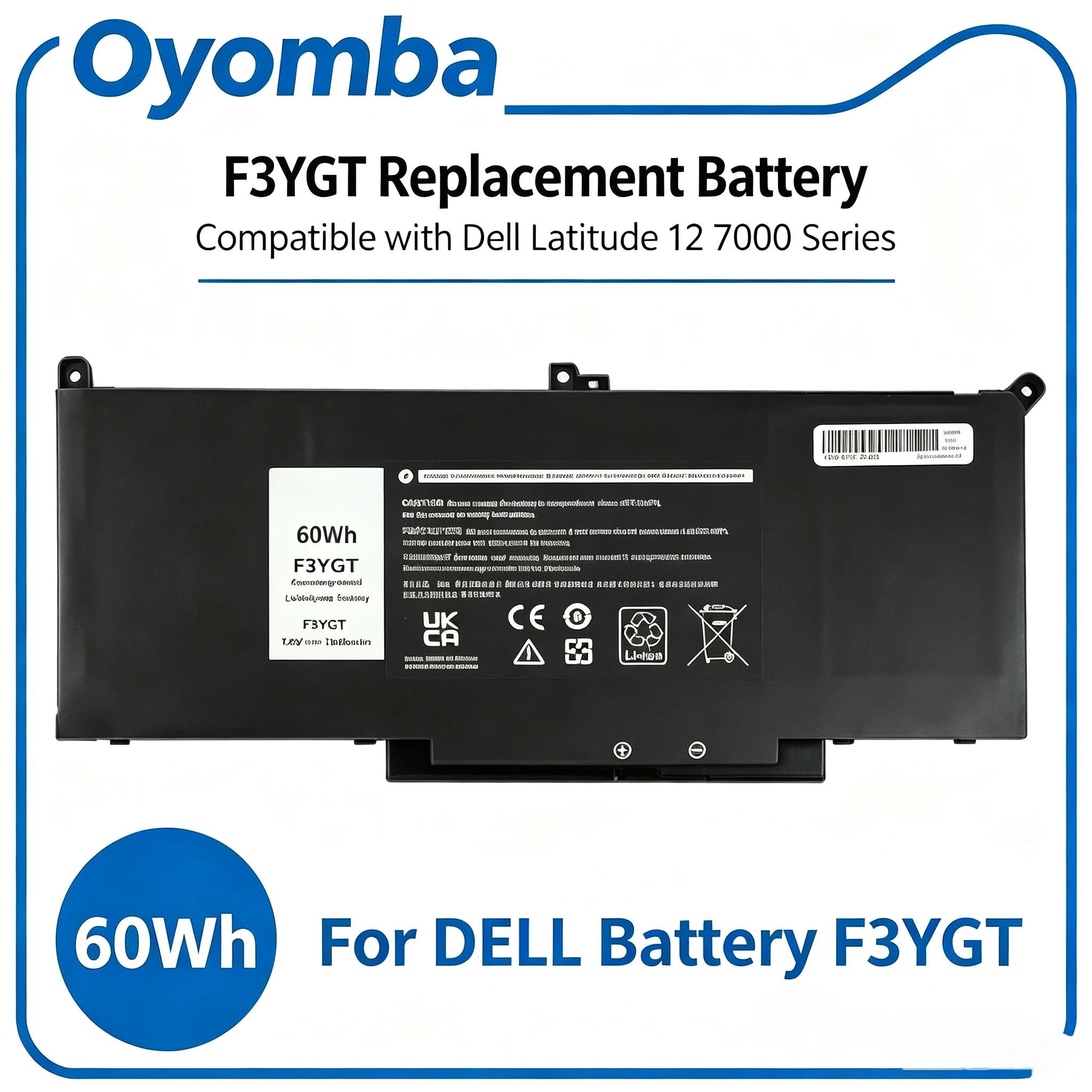 Oyomba 60Wh F3YGT E7280 Ersatz-Laptop-Akku Kompatibel mit Dell Latitude 12 7000 7280 7290 13 7380 7390 P28S001 P29S002