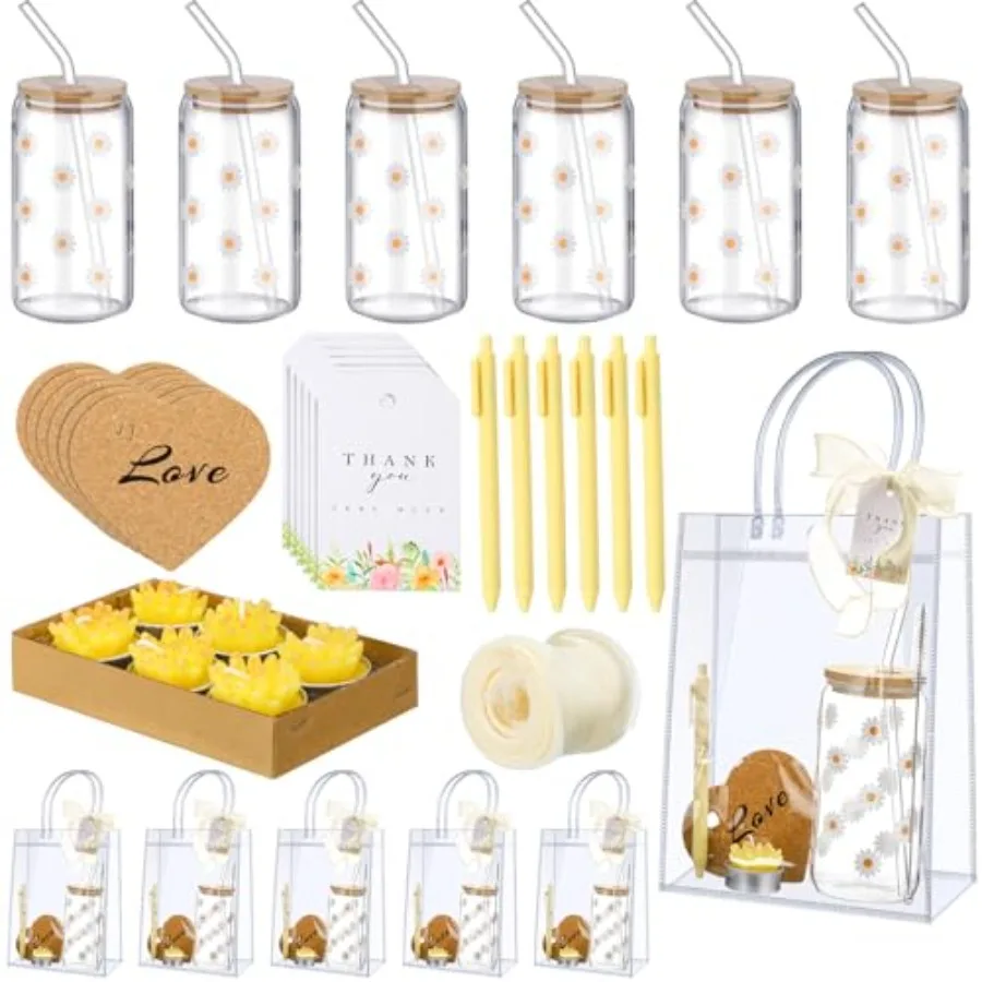 

6 Sets Daisy Baby Shower Prizes for Game Players Baby Shower Winners Guest Gifts Candle Tumbler Coaster Pen Gift Bag Wedding Br