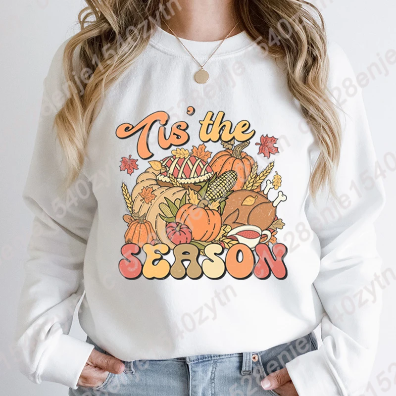 

Thanksgiving Tis' The Season Print Pullovers Women Fashion Casual Hoodeless Sweatshirt Ladies Pure Color Oversize Pullovers Tops