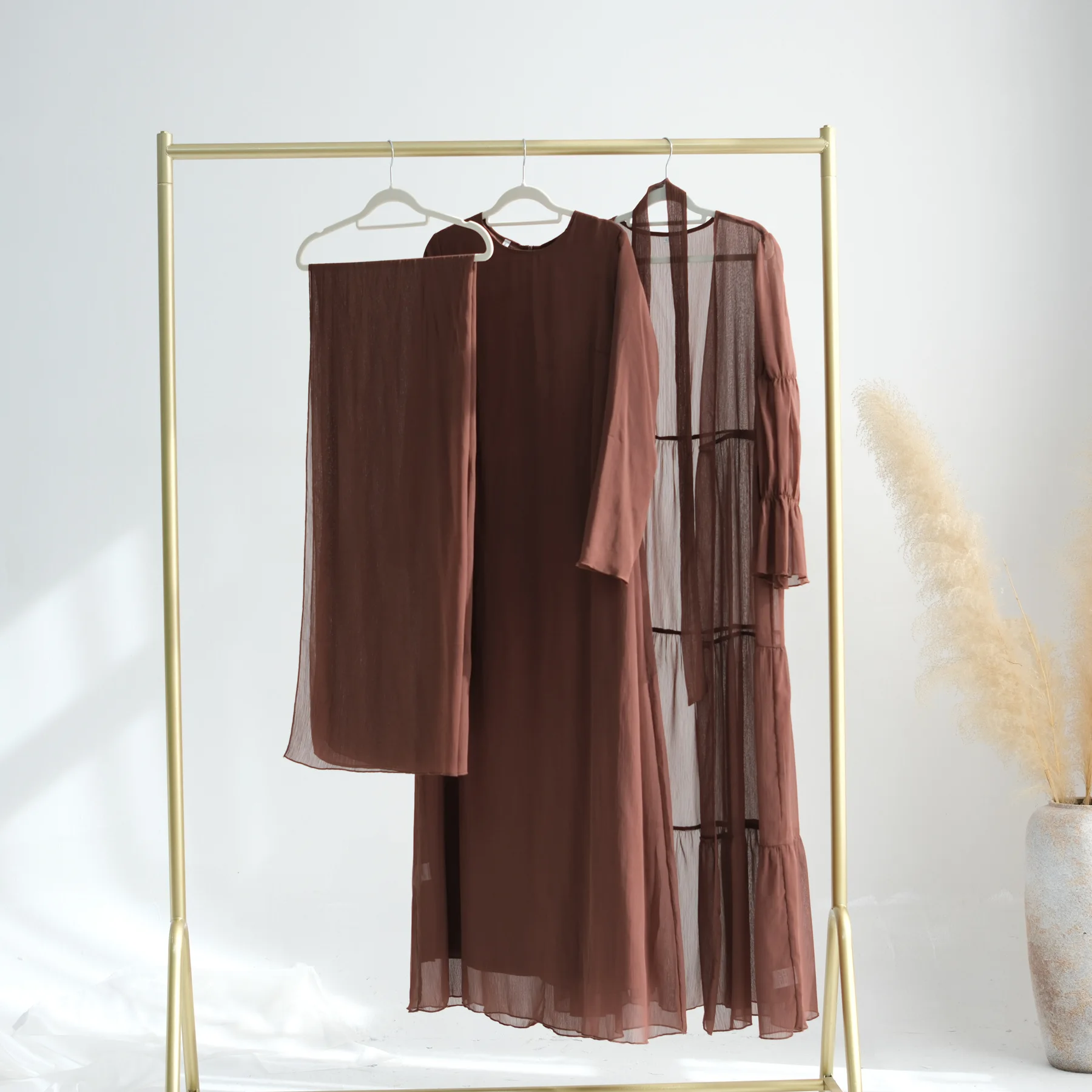 

2pcs Chiffon Muslim Sets Womem Open Abaya+Dress Jilbab Kebaya Hijab 3 Piece Set Kaftan Robe Kimono Eid Ramadan Islam Clothing