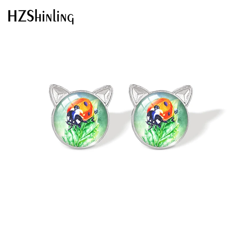 2021 New Ladybugs Stud Earring Insect Art Painting Cat Ear Earrings Handmade Glass Dome Photo Printed Jewelry Gifts Girl