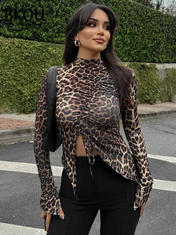 BKQU Leopard Drawstring Print Long Sleeve T-shirt Women Elastic Sexy Ruched O Neck Split Crop Top Female Y2k Club Irregular Tees
