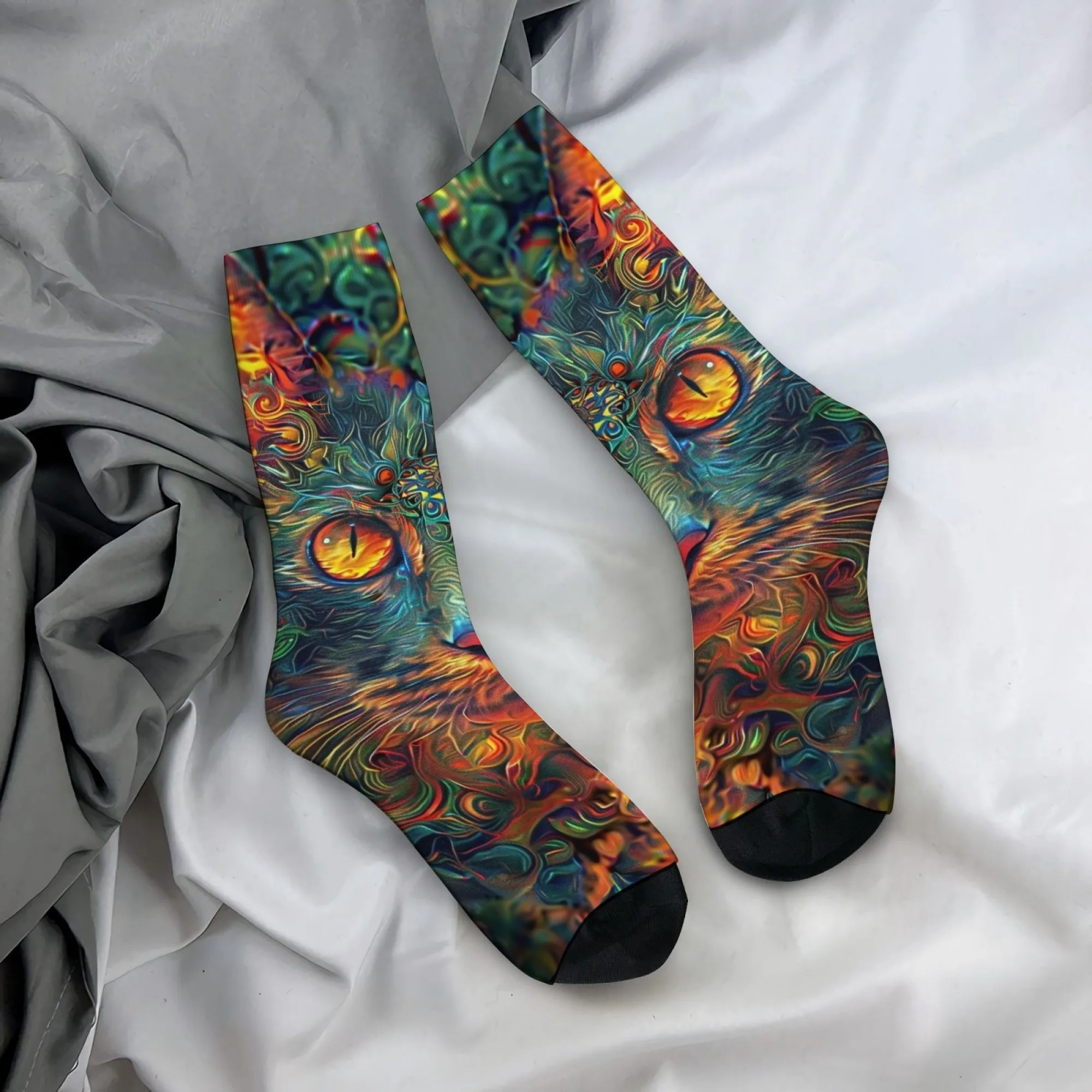 

Exquisite Artistic Socks Psychedelic and Unique Iridescent Cat Print Men's Mid-Calf Socks Vibrant Cool Stylish and Comfortable
