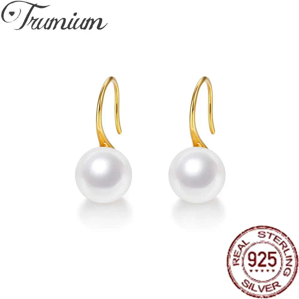 Trumium 8/10mm Sterling Silver s925 Cultured White Pearl Earrings for Women Jewelry Gold Pearl Drop Dangle Hook Stud Earrings