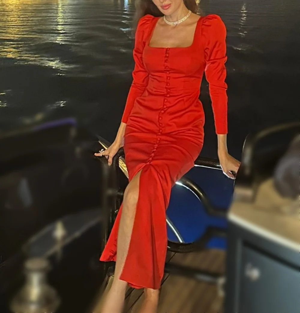 

Индивидуальный пошив: Элегантное женское платье Grace с длинными рукавами, квадратным вырезом и пуговицами, миди-платье для особых случаев, современный стиль для вечеринок