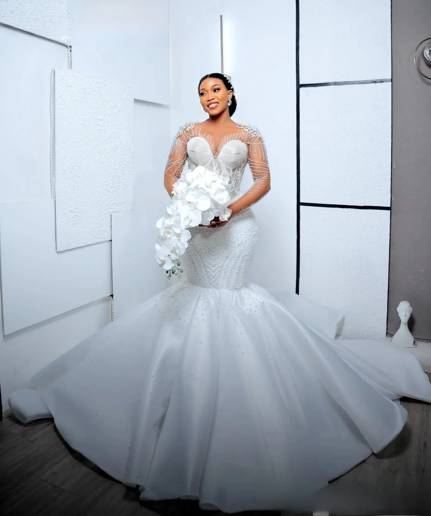 Customized Sheer Neck See Through Beads  Wedding Dress with Removable Skirt Robe De Mariée Long Sleeve Plus Size Bridal Gown