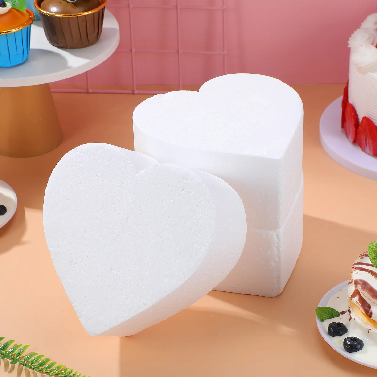 3Pcs Foam Cake Dummies Heart Shape White DIY Decorating Practice Baking Prop Bakery Display Fake Cake Ornament