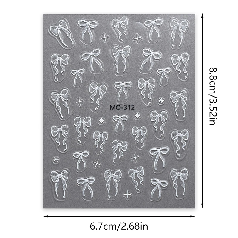 3D 엠보싱 릴리프 네일 아트 장식 스티커, 매니큐어 도구 데칼, 흰색 리본 나비 매듭, 1 장