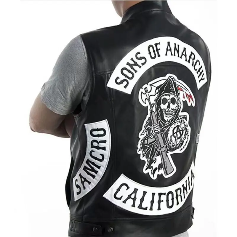 Son of Chaos in Motorcycle Style: Harley Motorcycle PU Leather Embroidered Vest Kam Shoulder Punk Fashion Leather Coat for Men