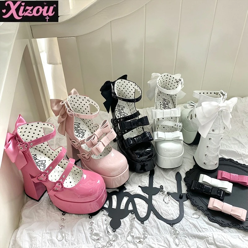 

Lolita Bowknot Sweet Cool Hot Girl Mary Janes Shoes Ladies Elegant Leather High Heels Spring Summer Paltform Pump Shoes