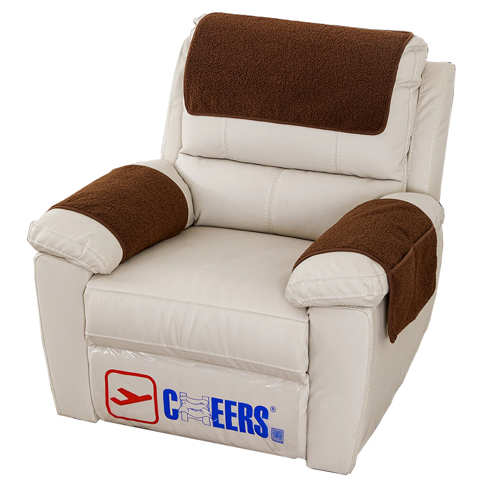 3Pcs Sherpa Armrest Covers Set with Storage Pouch, Soft Fleece Sofa Arm Protector Pad, Living Room Couch Organizer
