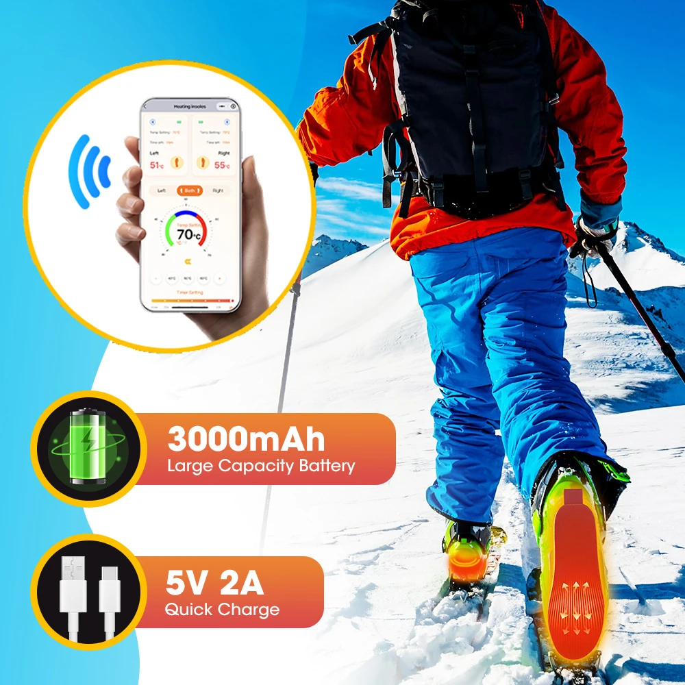 Beheizbare Einlegesohlen App Steuerung, 3000mAh Akku Beheizbare Sohlen Elektrisch Kabellos 16H, IPX7 Wasserdicht Zuschneidbar fuer Skischuhe Wandern Jagd Winter Arbeit, 30-70°C Einstellbar, USB 5V