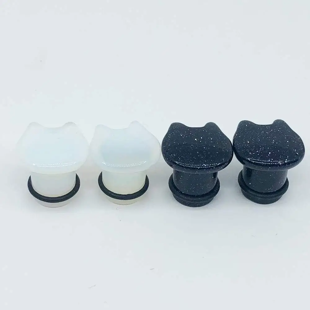 1/2 Paar Katzenkopf-Ohrgeschosse aus Opalit/künstlichem blauem Stein – Tunnel, Plugs, Stretchers, Expander für Körperpiercing, 2g-5/8 Zoll – Detail 6