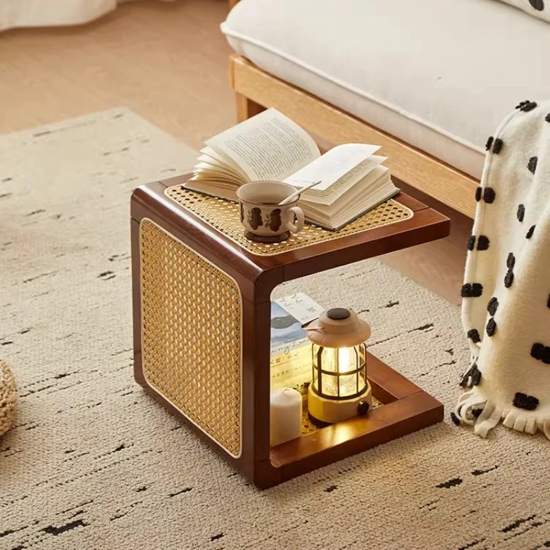 

Japanese Solid Wood Coffee Table Square Vine Weaving Room Desks Living Room Floor Side Table Versatile Scene Rattan Furniture