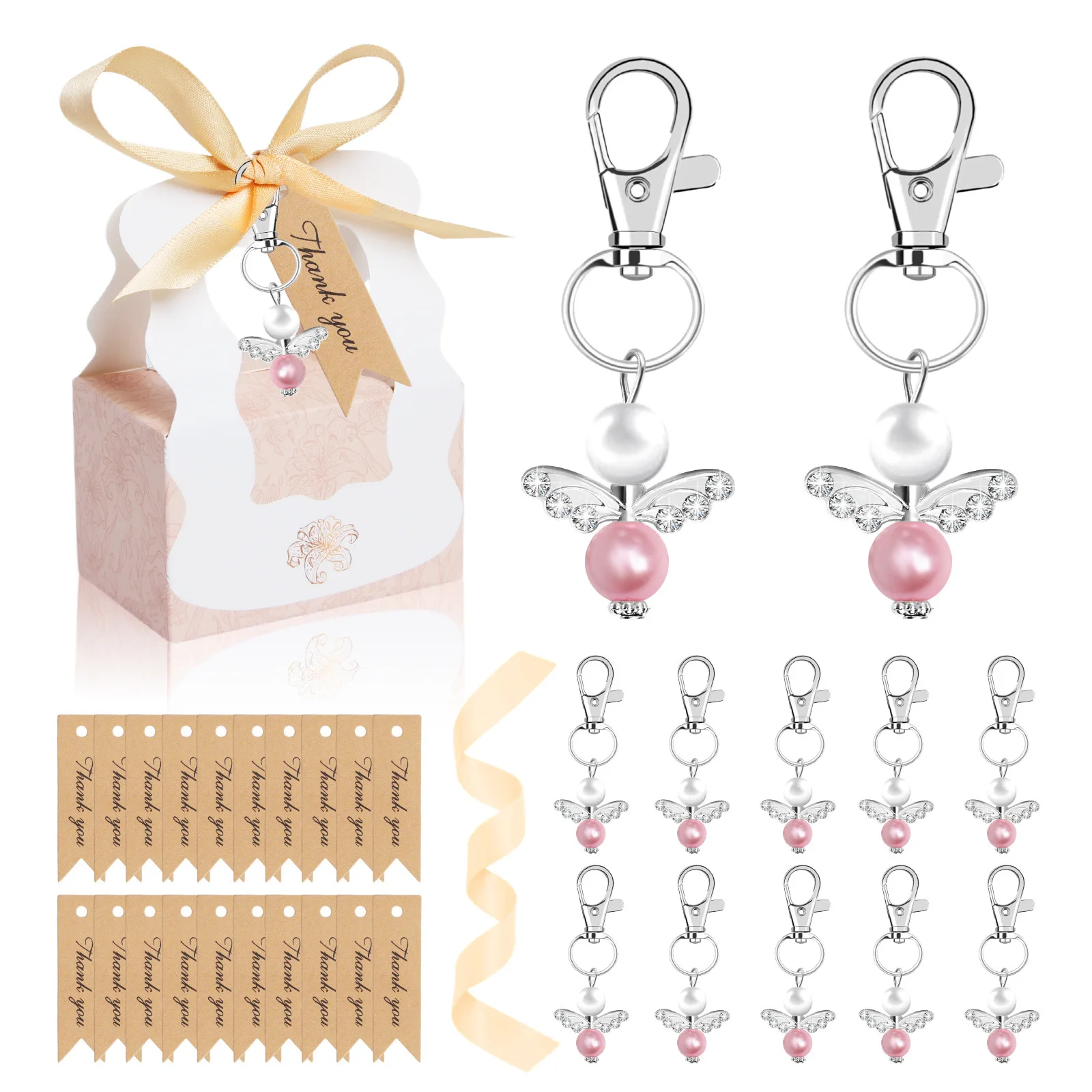 

30set Pink Baby Shower Favors for Girls - Angel Keychain, Thank You Cards, Baptism Boxes - for Birthday and Wedding Party Gifts