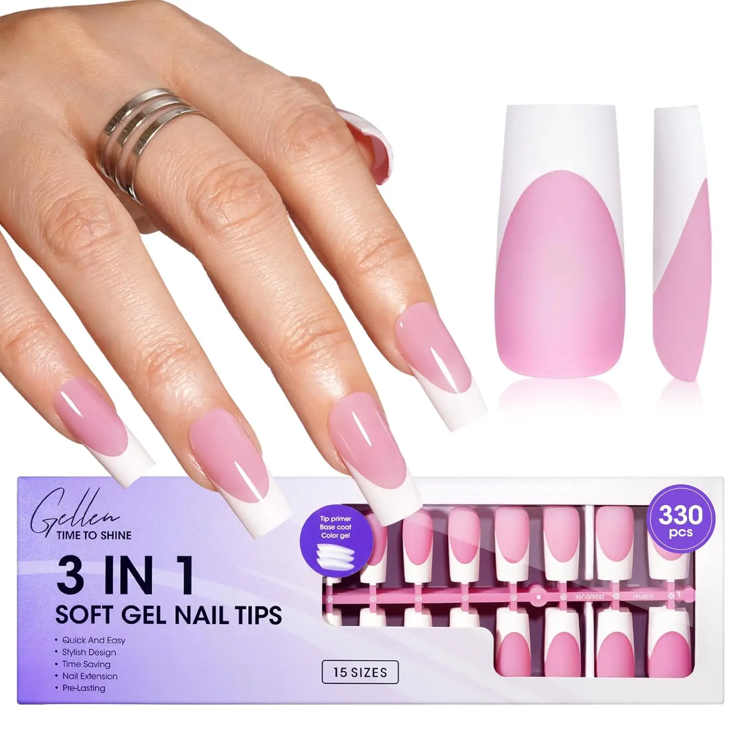 GELLEN Kwadratowe Miękkie Sztuczne Paznokcie French Tips 3 w 1 z Żelowym Klejem, 330 sztuk, 15 Rozmiarów, Różowe, Długotrwałe, Utwardzane Lampą UV, Sztuczne Paznokcie