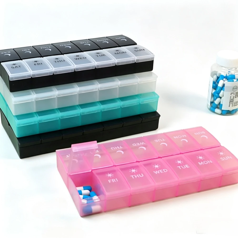 New Hot Premium Portable Large Weekly Pill Box Cases Organizer 7 Day 14 Grids Storage for Medicine Vitamin Supplements Fish Oils