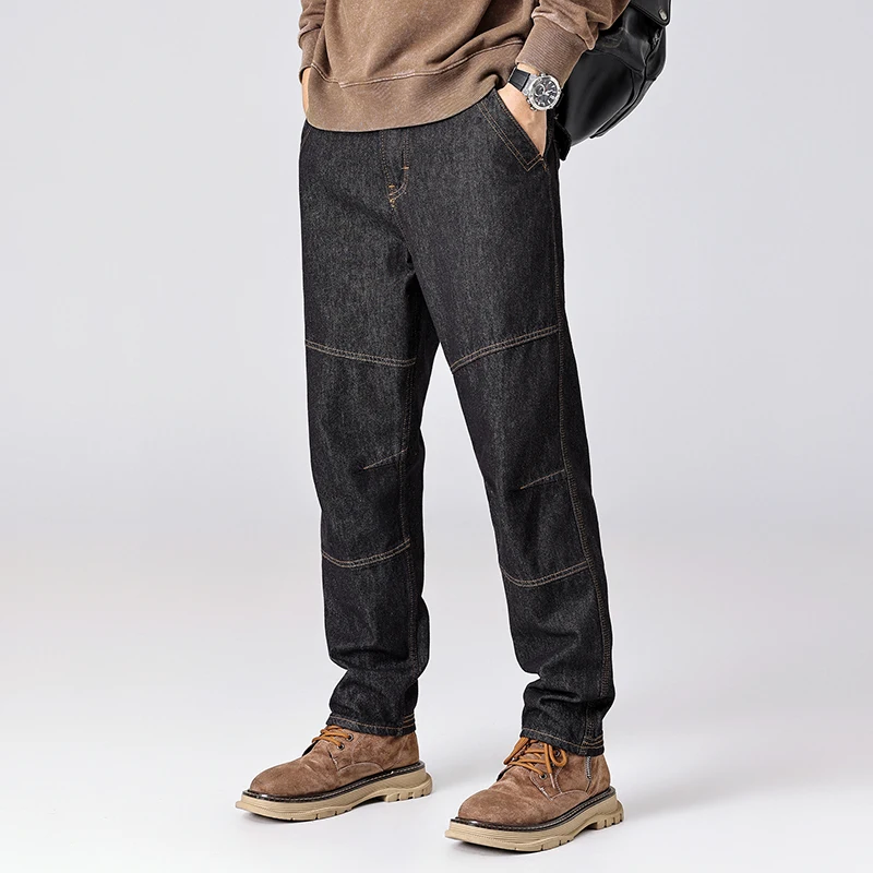 

Осень 2023, новые мужские джинсы в американском стиле в стиле пэчворк, потертые зауженные брюки в стиле ретро, черные джинсовые свободные брюки прямого кроя