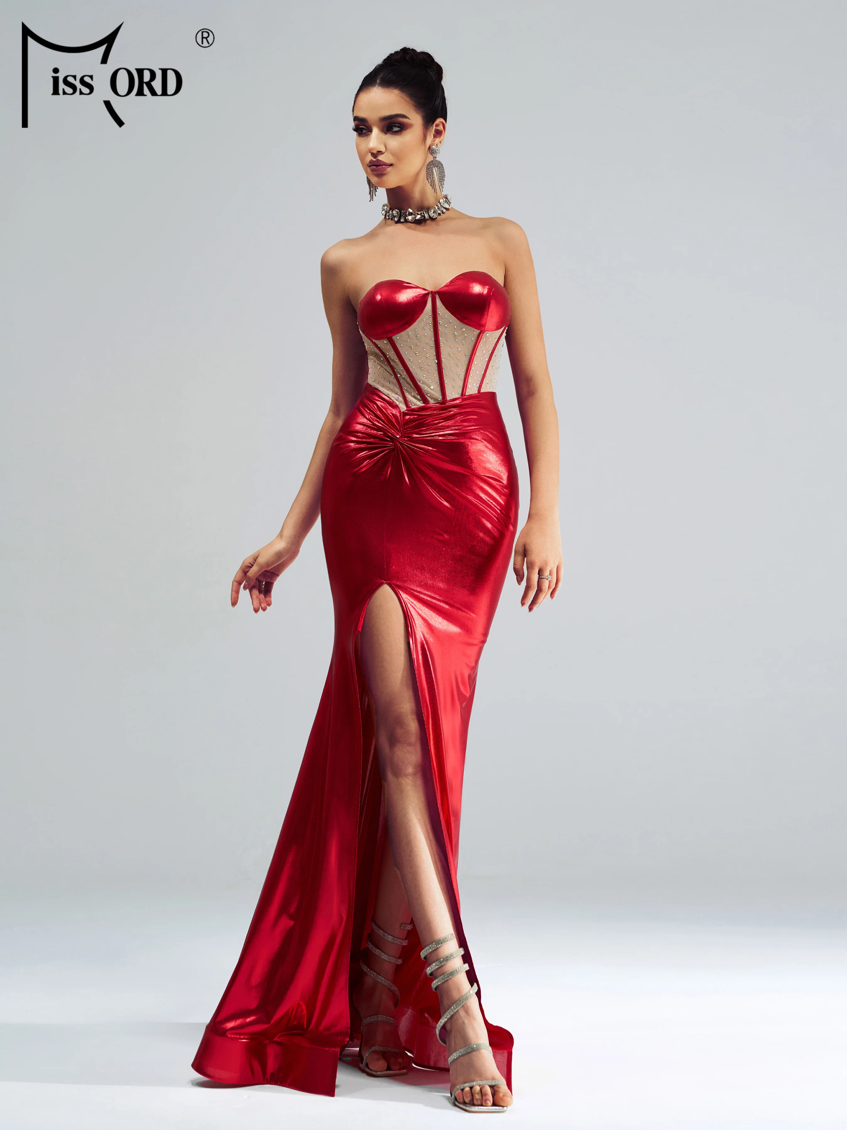 Missord New Strapless Ruched Sexy Evening Gown Cocktail Split Graduation High Quality Luxury Birthday Party Dress