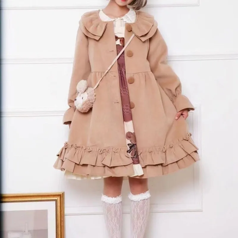 Autumn Winter Japanese Sweet Lolita Coat Kawaii Woman Woolen Coats Cute Ruffles A-line Loose Jacket Outerwear