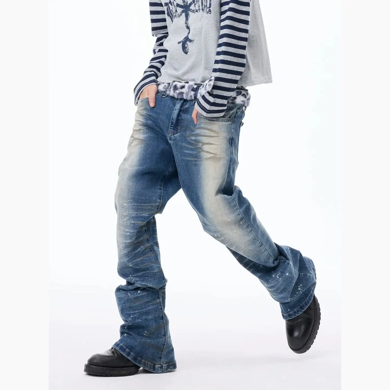 Men's Ink Splashing Design Skinny Jeans Street Y2k Sweatpants High Waist Vibe Trousers Male Straight Pencil Retro Blue Pants