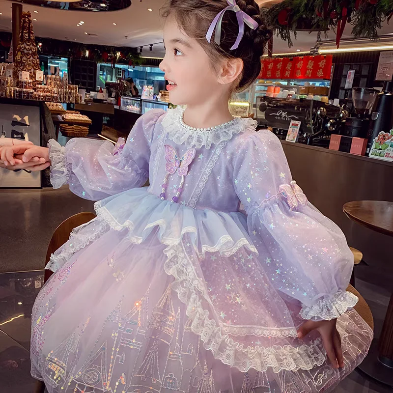 Boutique Luxury Kids Lolita Sequin Butterfly Tulle Dresses Long Sleeves Lace Trim Princess Dress Gown for Birthday Party