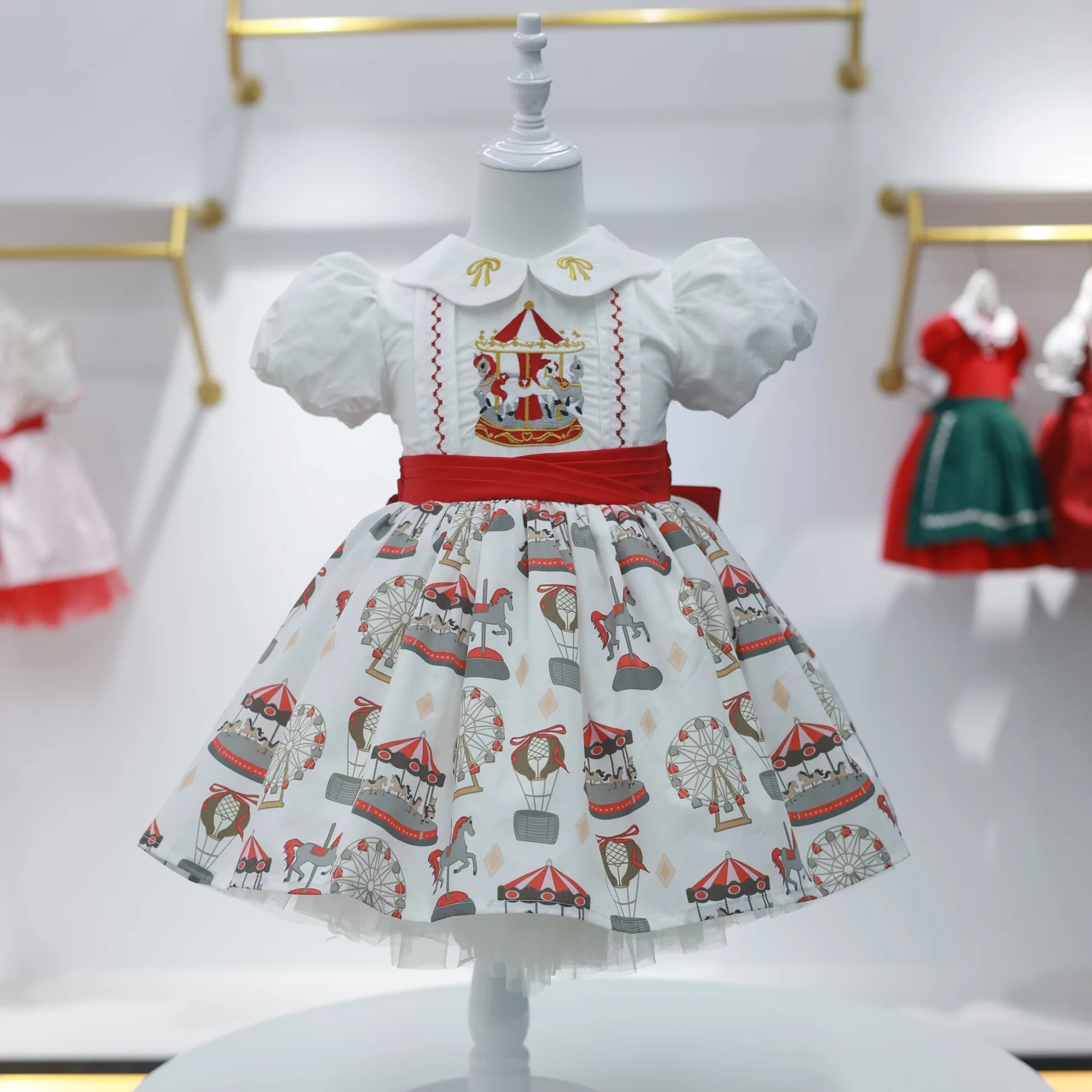 0-12Y Baby Girl Merry-go-round Embroidery White Vintage Princess Dress for Holiday Photography B127